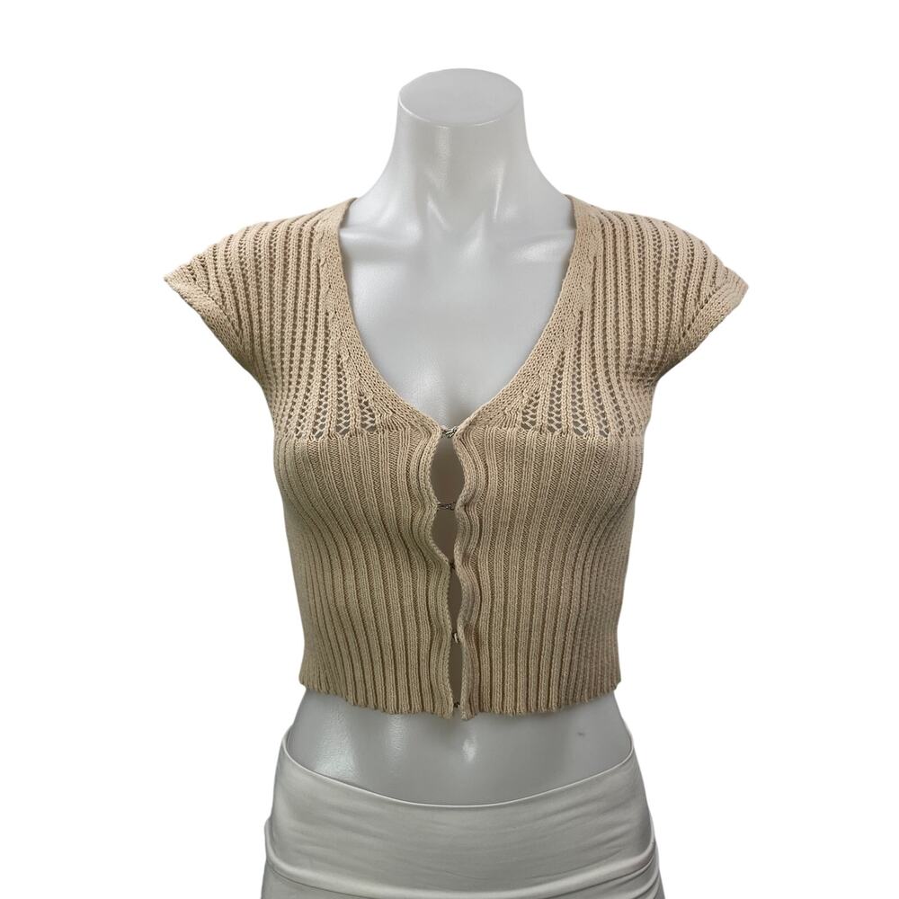 DNA Women's Beige Short Cap Sleeves Open Knit Crochet Cardigan Crop Top Size S